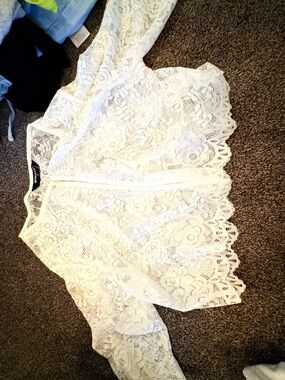Allegra K White Floral Lace Long-Sleeve Sheer Robe